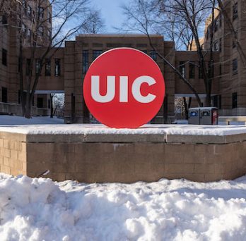 UIC campus in the winter with snow on the ground 
