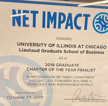 Certificate awarded to Net Impact as 2019 Graduate Chapter of the Year Finalist 