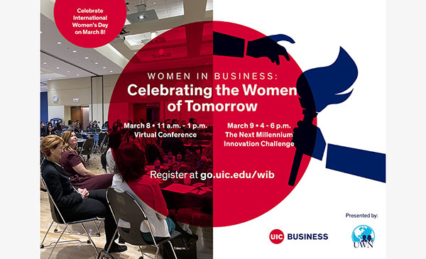 Invitation for the spring 2021 Womein in Business conference: Celebrating the Women of Tomorrow