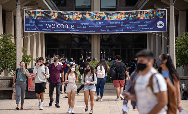 Students walking across campus.